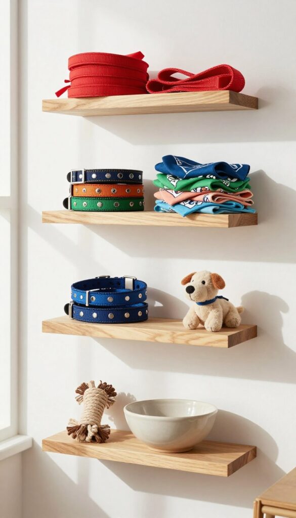 Floating shelves displaying dog collars, leashes, and toys in a bright living room