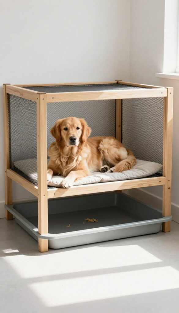 Elevated cot-style dog kennel with golden retriever resting on it in a mudroom
