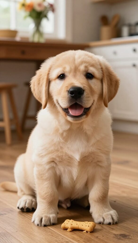 Golden Labrador Retriever puppy with biscuit treat in sunlit kitchen