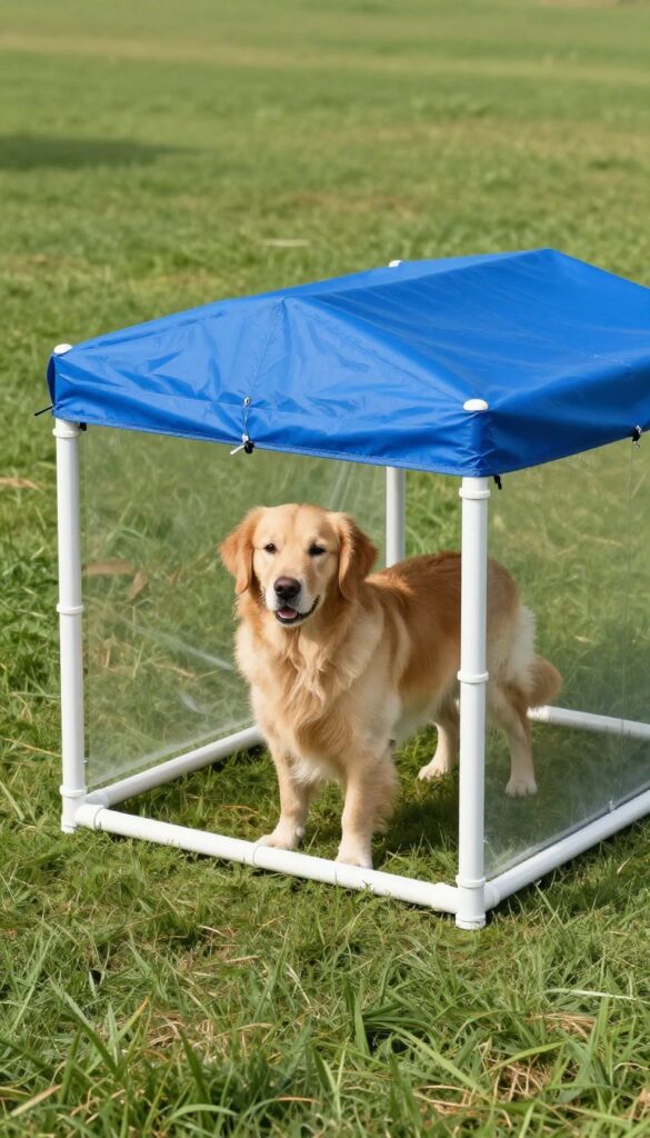 PVC pipe dog kennel with blue tarp roof on grass, golden retriever inside