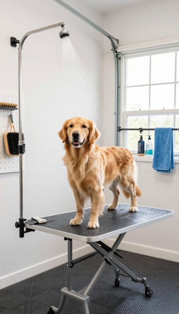 Dog grooming station in garage with golden retriever on mat, handheld sprayer, and organized supplies