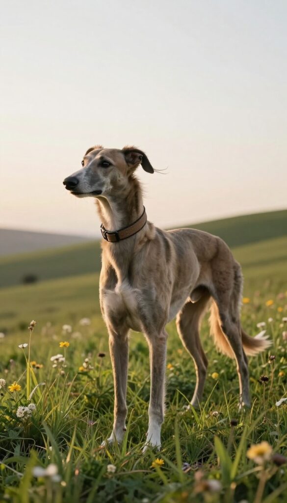 Graceful greyhound dog on a breezy hilltop at golden hour, wearing earth-tone collar, natural sunlight, serene atmosphere.