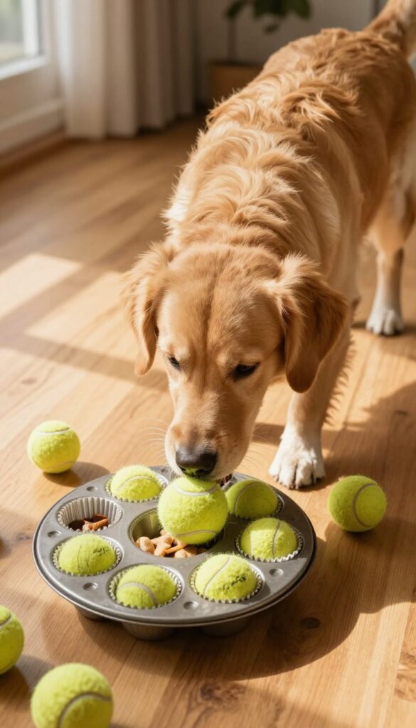 Dog solving muffin tin puzzle by nudging tennis balls to reveal treats