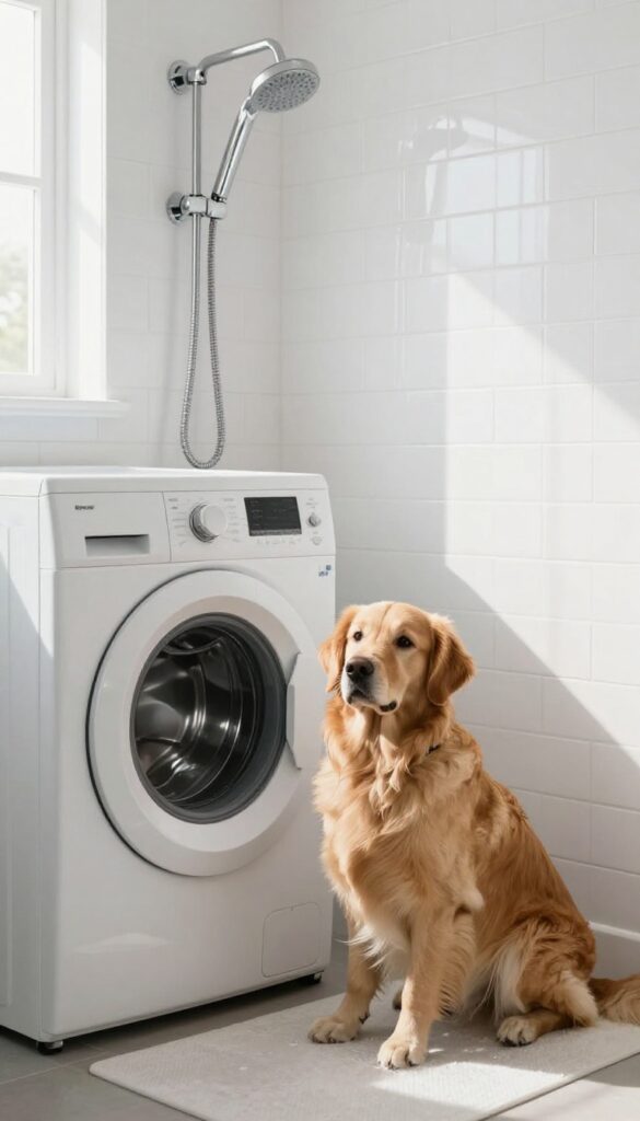 Laundry room with tile backsplash and handheld shower for dog bathing