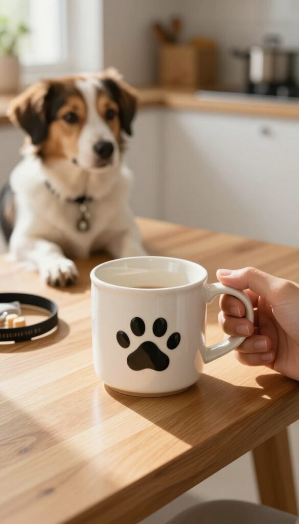 Dog mom coffee mug with lid and dog in background