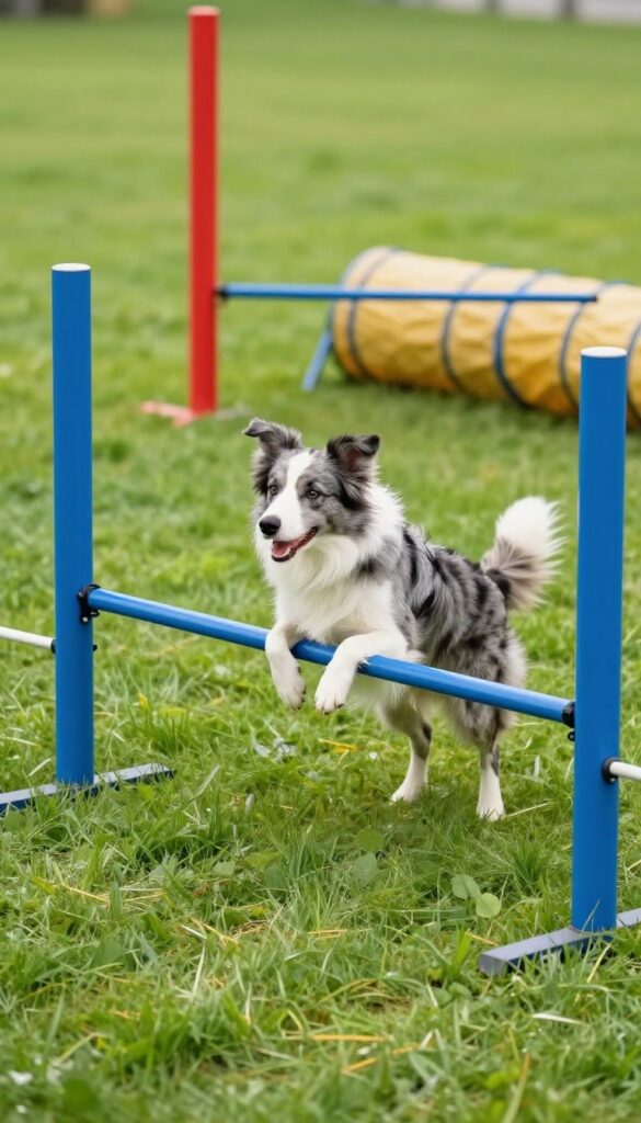 Dog jumping over agility hurdle in backyard with weave poles and tunnel