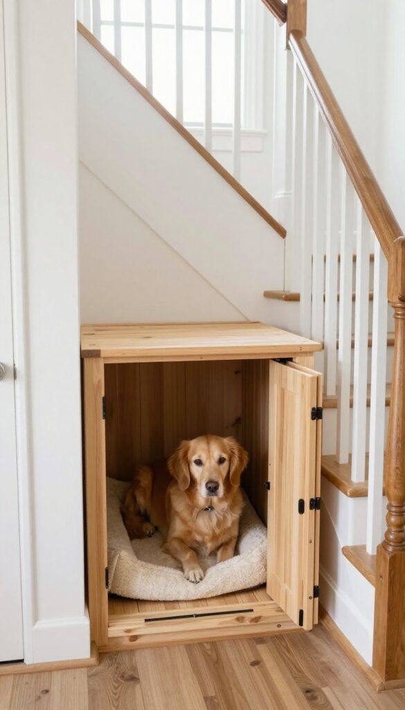 Under-stair dog kennel nook with a Dutch door and plush bed, cozy den-like space for a dog.