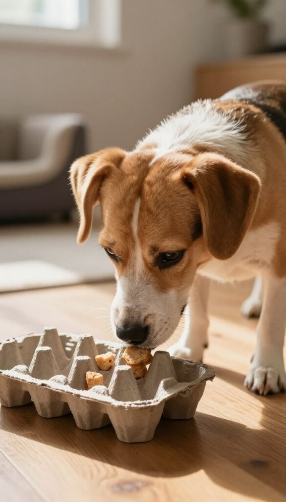 Dog sniffing treats inside an egg carton on a wooden floor, natural light, cozy home setting