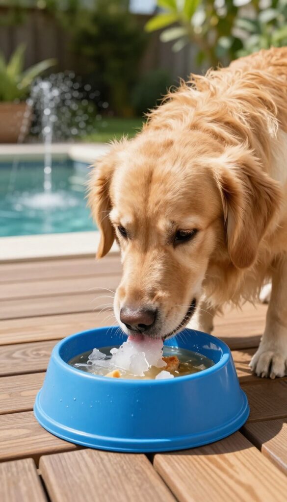 Dog licking a frozen slow feeder bowl on a sunny deck