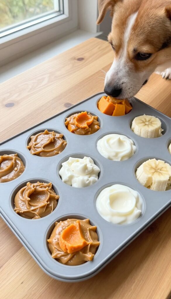 Silicone muffin tin filled with dog-safe spreads on a wooden table, with a dog approaching to lick one cup.