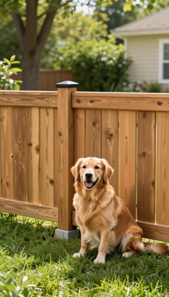 Secure dig-proof fence with buried base and privacy slats, dog sitting safely in backyard