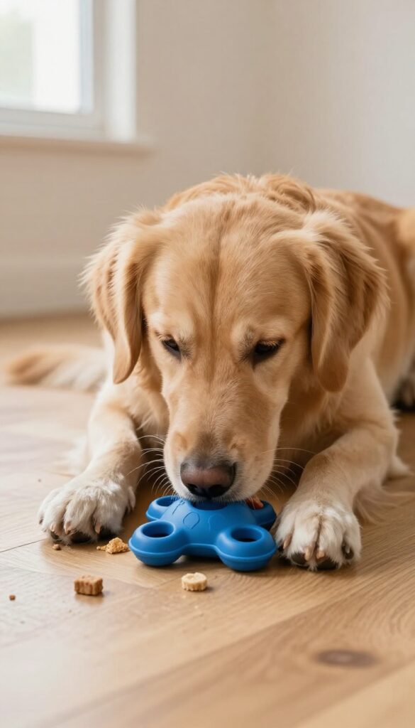 Dog solving a puzzle toy