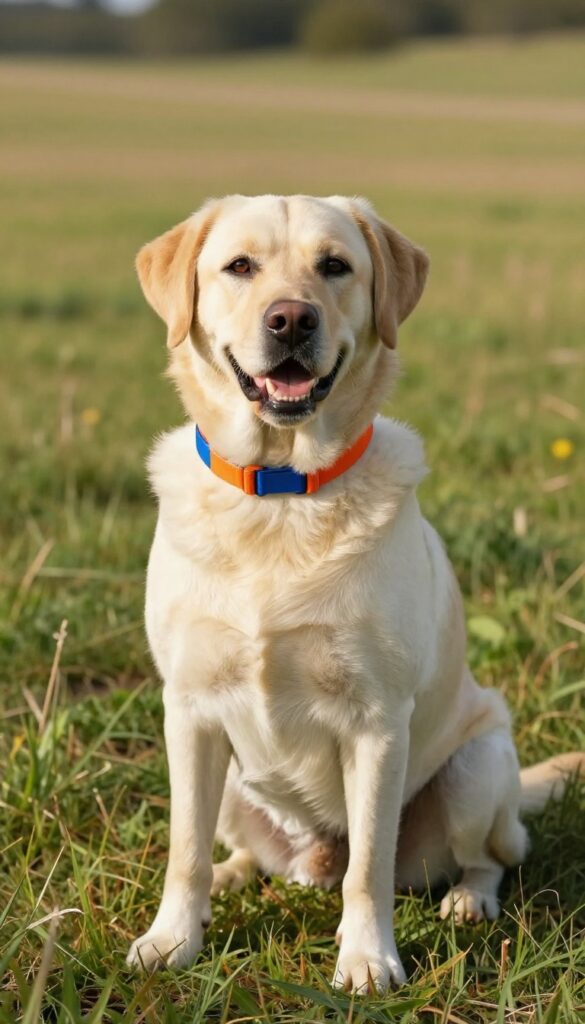 A friendly dog with a bright collar sitting in a sunlit field, representing the name Milo.