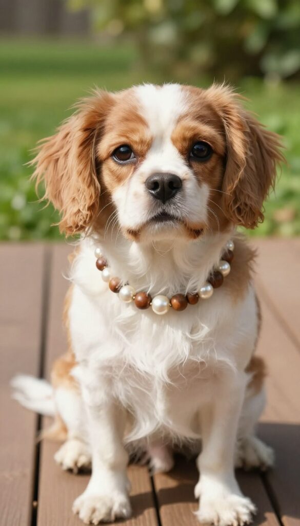 Cavalier King Charles Spaniel wearing a beaded pearl and wood collar in natural outdoor light