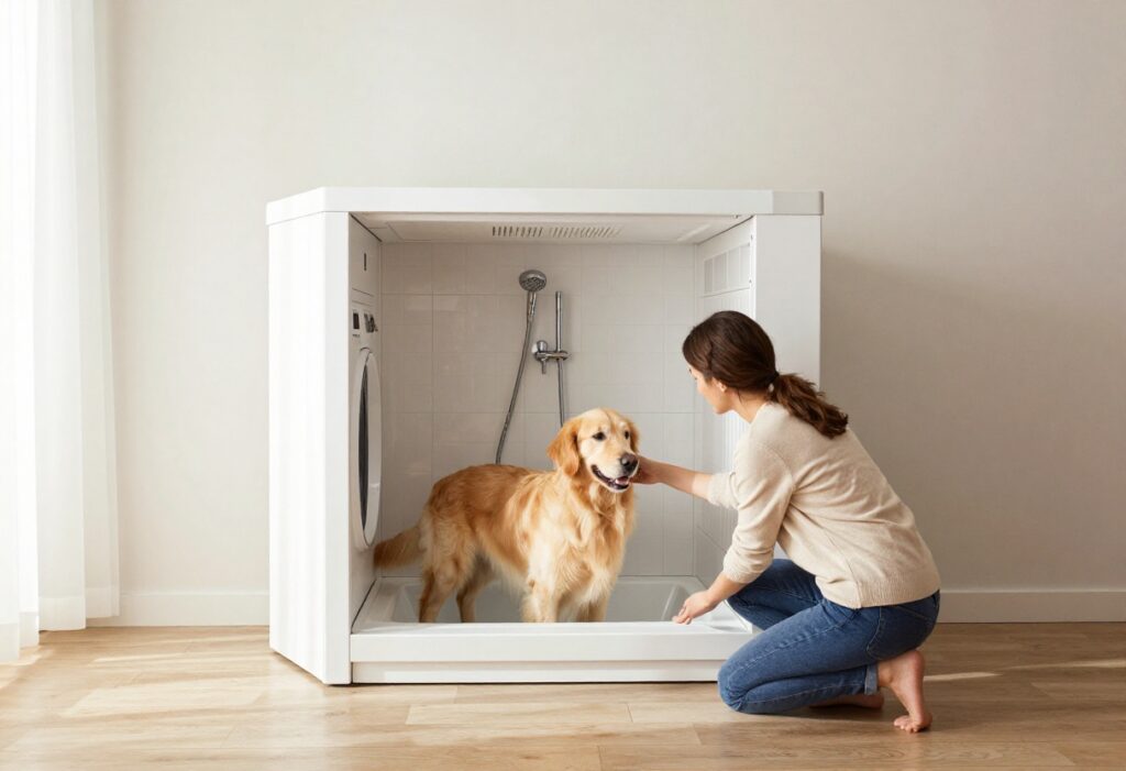 Modern laundry room with built-in dog wash station and golden retriever