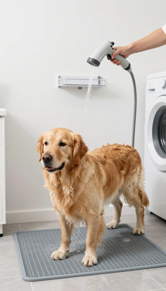Handheld sprayer with long hose rinsing a golden retriever in a bright laundry room