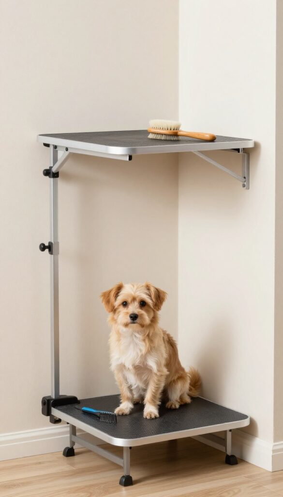 Wall-mounted grooming station in a small closet with a dog on a non-slip mat