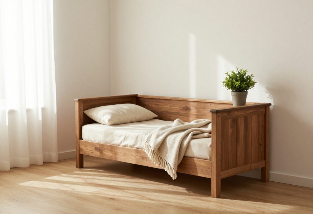 Cozy dog crate decorated with bed, blanket, and plant in a living room
