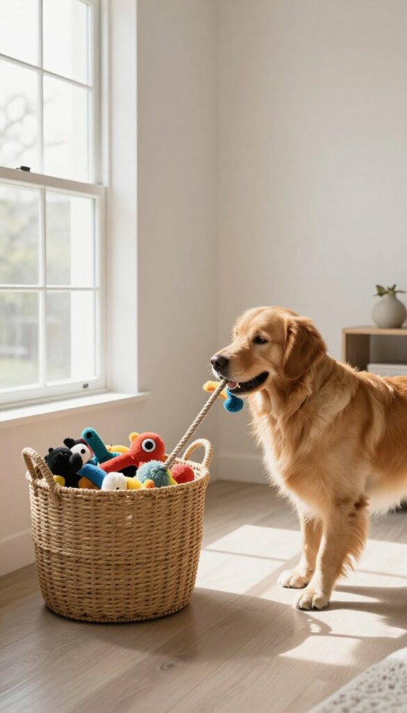 Dog pulling toy from storage basket in bright living room