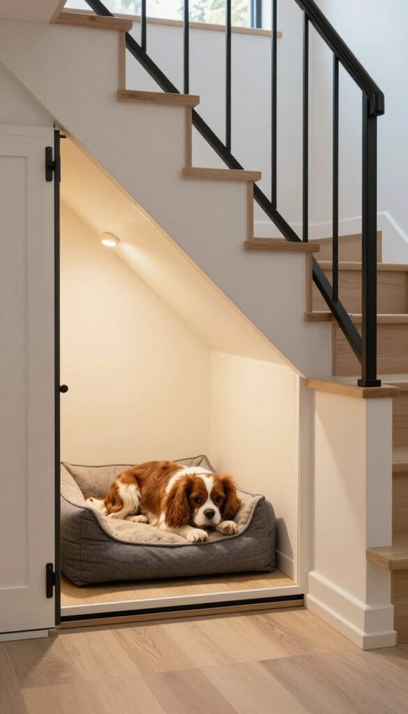 Built-in dog kennel under stairs with sliding barn door and cozy bed