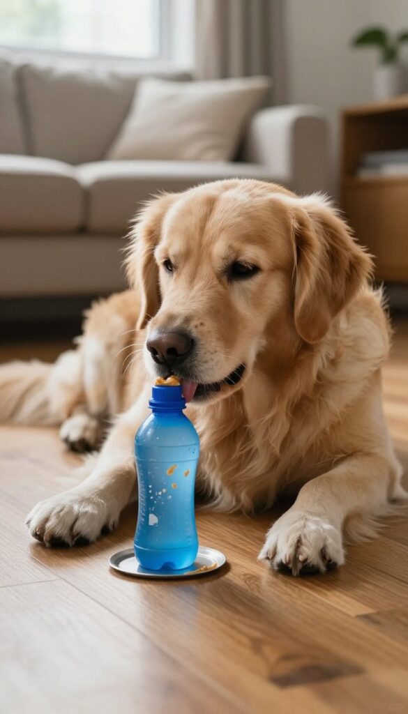 Dog licking a frozen treat bottle on a wooden floor in a cozy living room