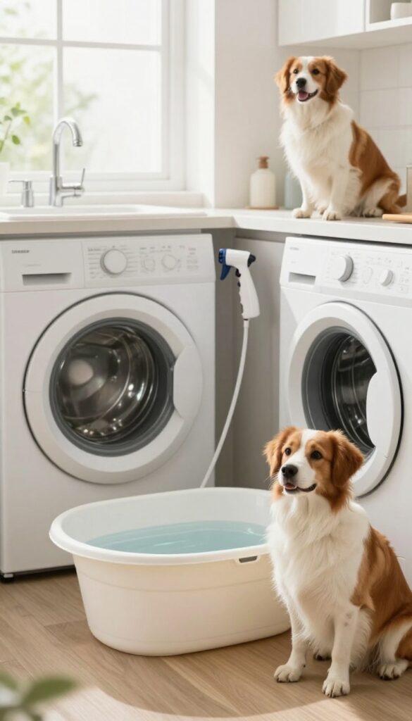 Foldable tub dog bath station in laundry room