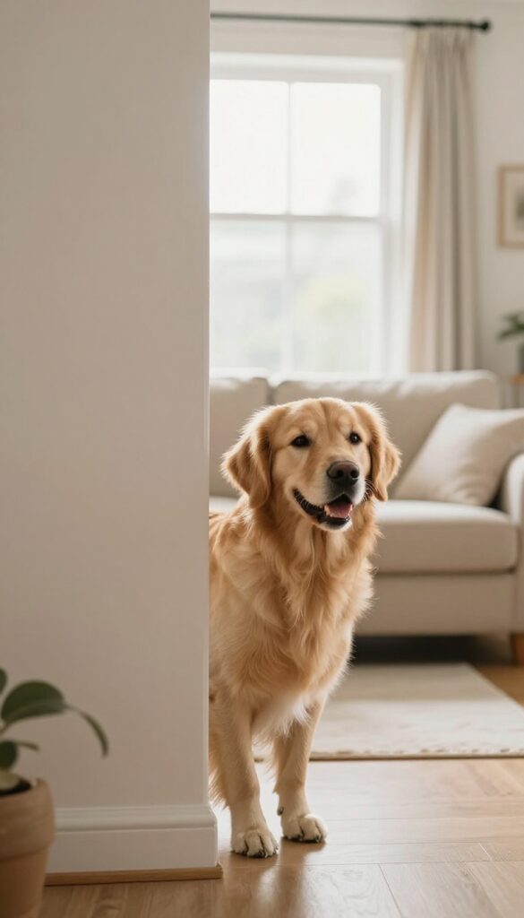 Dog playing hide and seek by finding a family member behind a sofa in a bright living room