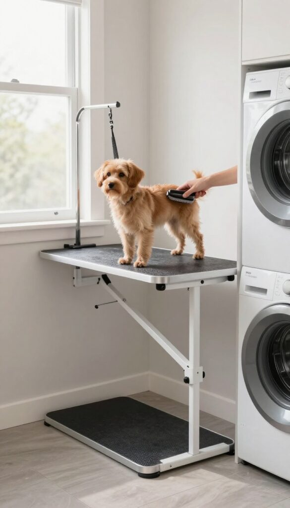 Fold-down grooming table in laundry room with dog and owner