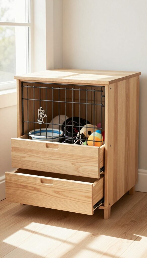 Under-stairs dog crate with built-in storage drawers, organized dog supplies visible in open drawer.