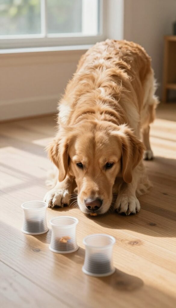 Golden retriever playing the cup game with three plastic cups on a sunlit wooden floor, one cup tipped over to reveal a treat.