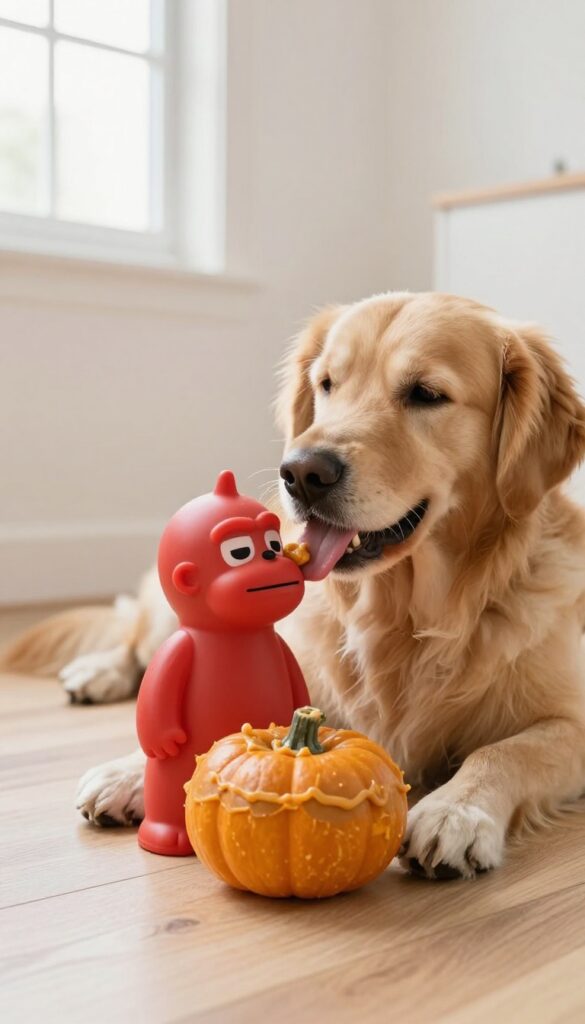 Dog licking a frozen Kong toy on a wooden floor