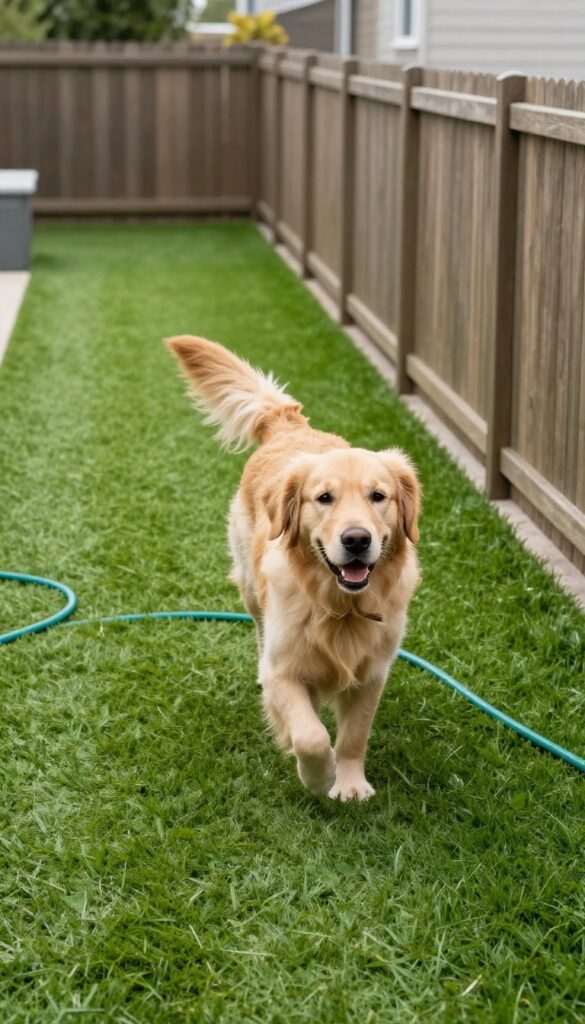 Dog running on artificial turf in a narrow side yard