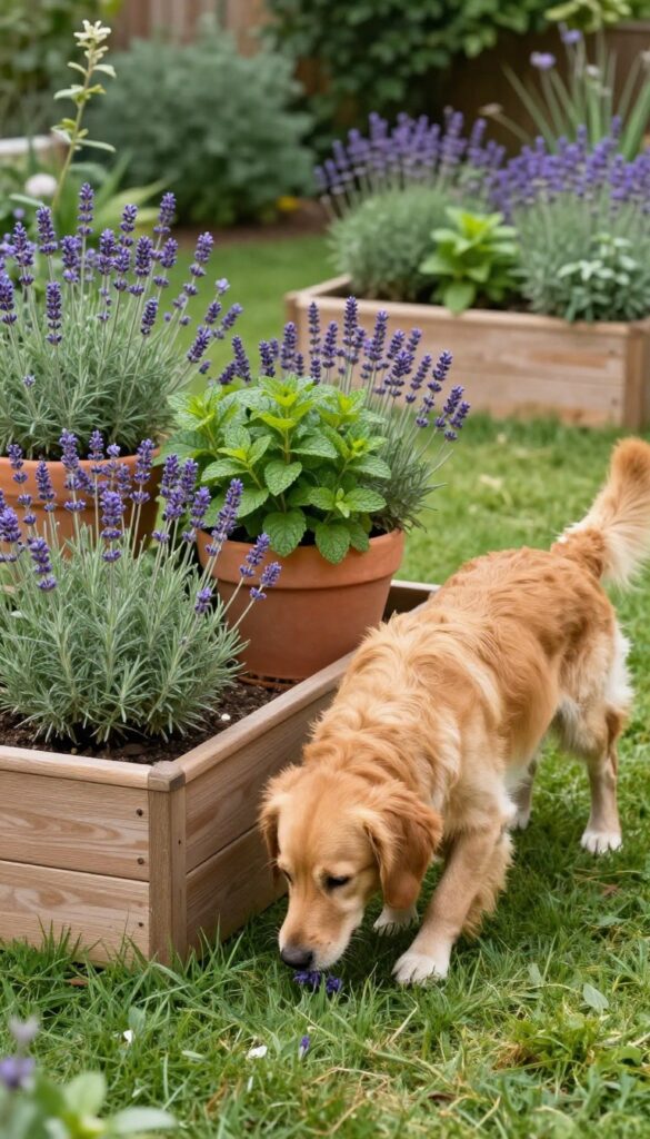 Dog sniffing lavender in a raised sensory garden bed with dog-safe plants like rosemary and mint in a sunny backyard.