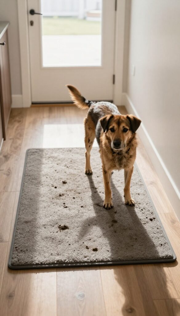 Dog standing on a washable absorbent floor mat in a bright mudroom, trapping mud and moisture.