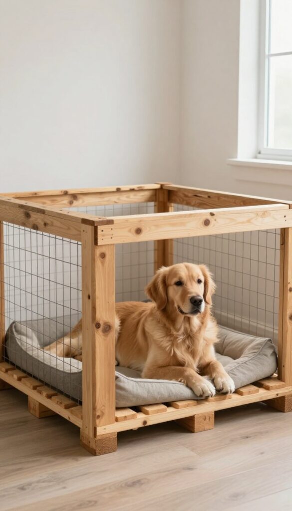 DIY pallet dog kennel made from reclaimed wood in a bright indoor room with a dog resting inside