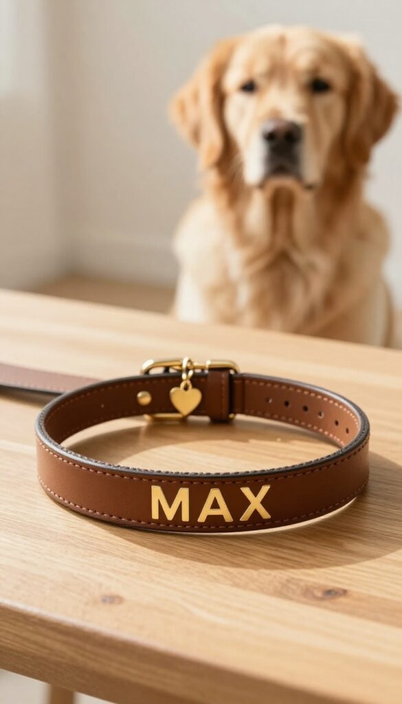 Personalized leather dog collar and leash set with embossed name on wooden table