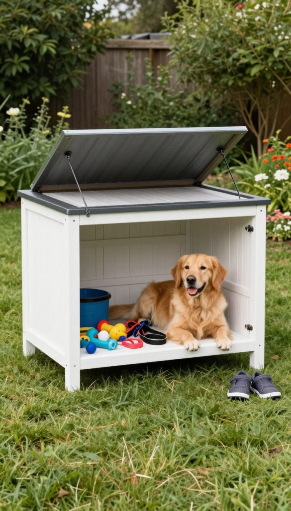 Dog kennel with built-in storage bench, toys and gear organized inside, golden retriever lounging, sunny backyard.