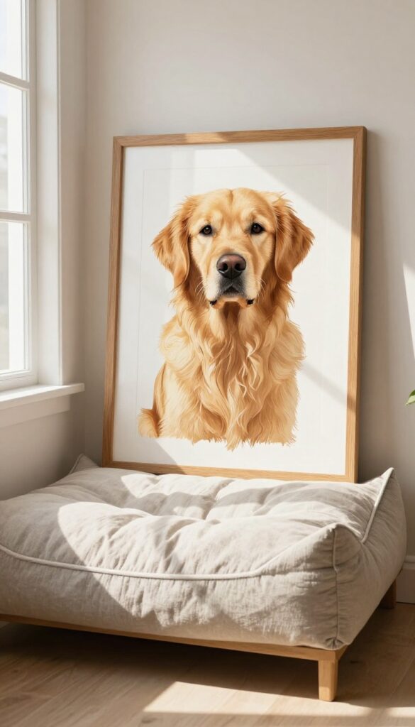 Custom dog portrait art hanging above a dog bed in a cozy living room corner