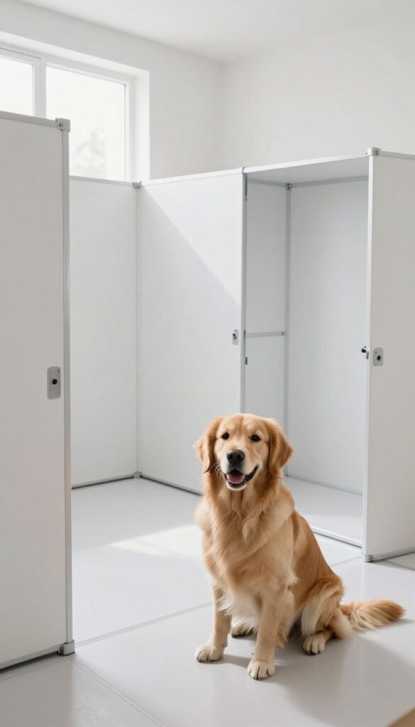 Modular kennel panels in a clean, bright indoor space with a dog inside, showing flexible layout and easy-to-clean surfaces.