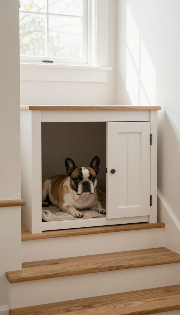 Small built-in dog kennel under stair landing with French Bulldog inside