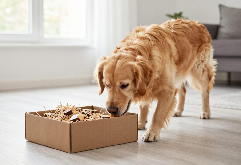Golden retriever sniffing a cardboard snuffle box on a living room floor