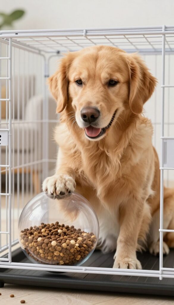 Golden retriever in a crate playing with a hanging treat ball