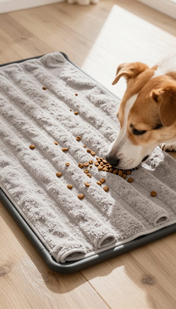 DIY snuffle mat made from an old towel with kibble scattered on it, dog sniffing