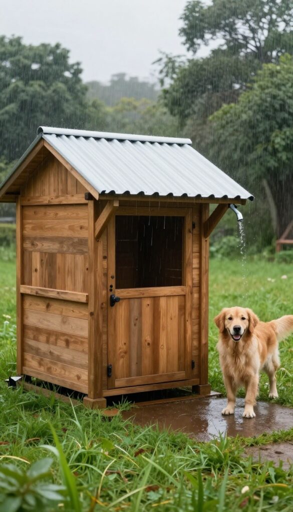 Dog kennel with gutter system channeling rainwater away from entrance, keeping the area dry and mud-free.