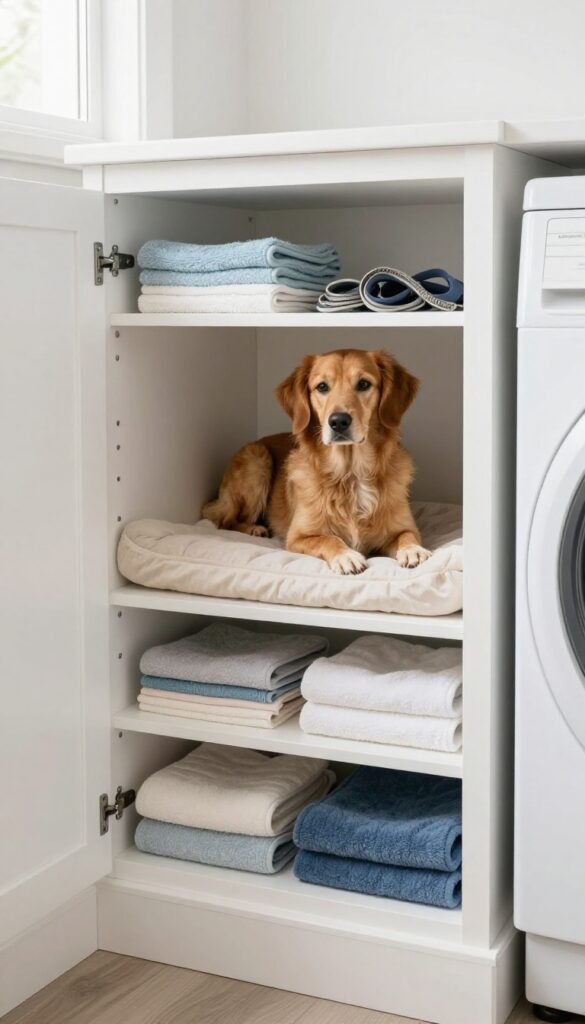 Corner dog kennel with L-shaped storage in a laundry room, featuring hidden storage and a cozy den for the dog.