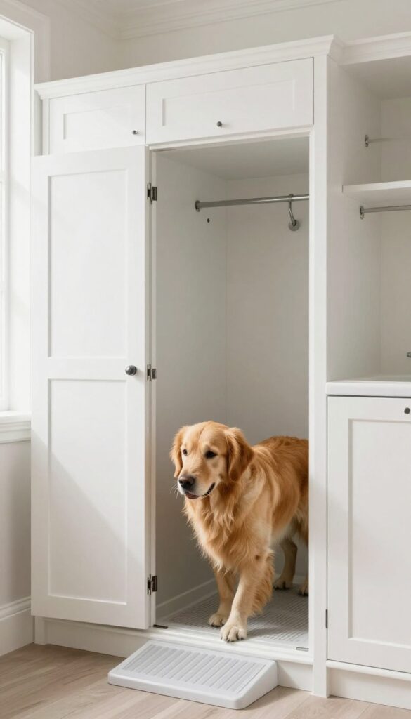 Custom cabinet dog bath with fold-down ramp in a bright mudroom, golden retriever walking up the ramp