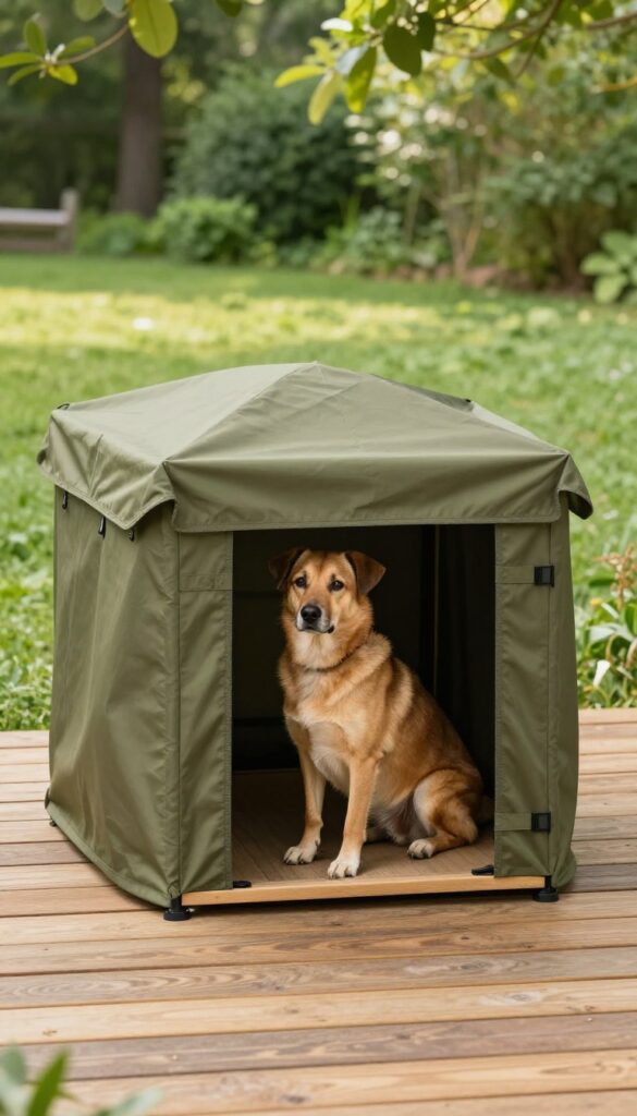 Custom-fit canvas cover for a dog kennel, tailored and snug, in a natural outdoor setting with a dog inside.