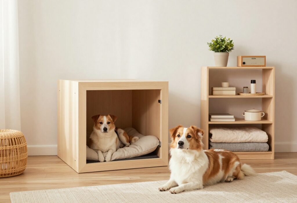Cozy closet dog room with built-in crate and organized storage