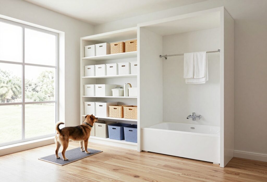 Dog utility room with raised bath station, non-slip mat, and organized shelving