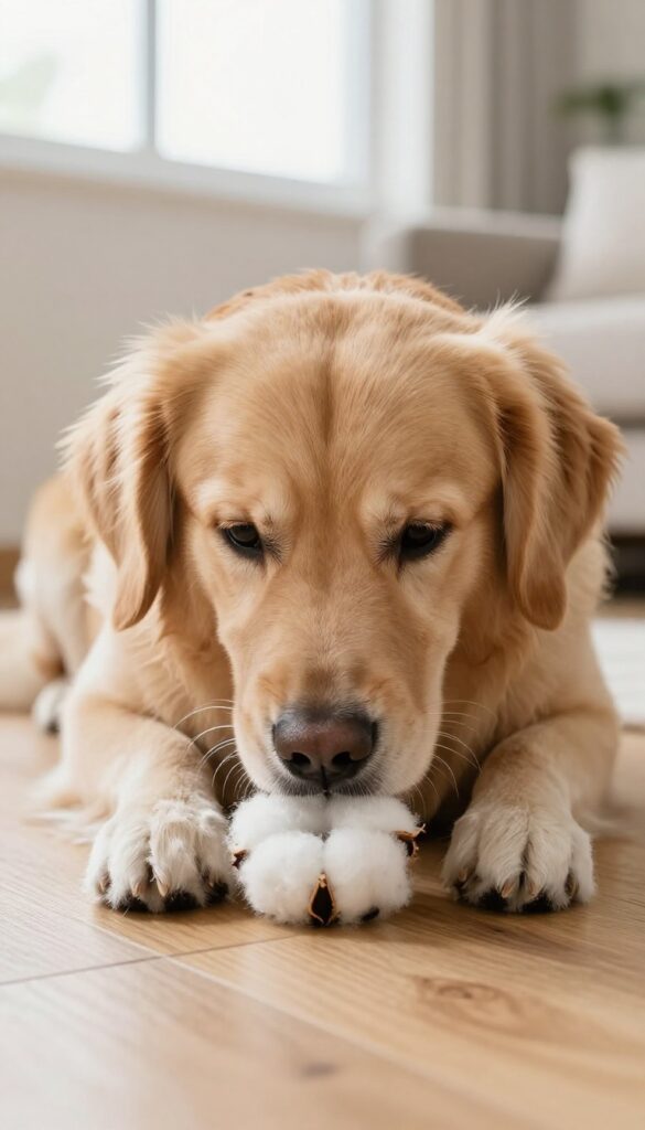 Golden Retriever sniffing a cotton ball on the floor for a scent work game